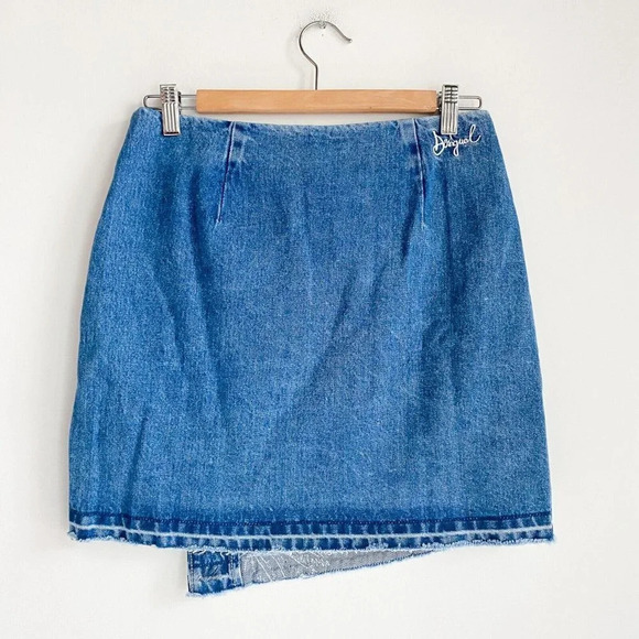 NWT Desigual Tropical Palm Print Blue White Denim Mini Skirt 26 - Picture 8 of 8